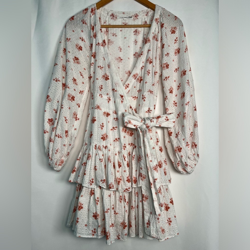 Maia Bergman Ines Ruffled Floral Eyelet Mini Wrap Dress White /Pink Size XL - Picture 5 of 10